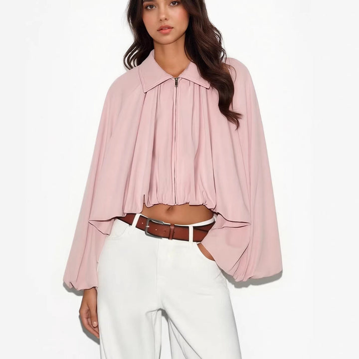 Dam Kort Cape Jacka med Voluminous Balloon Ärmar, Stå Krage och Dragkedja
