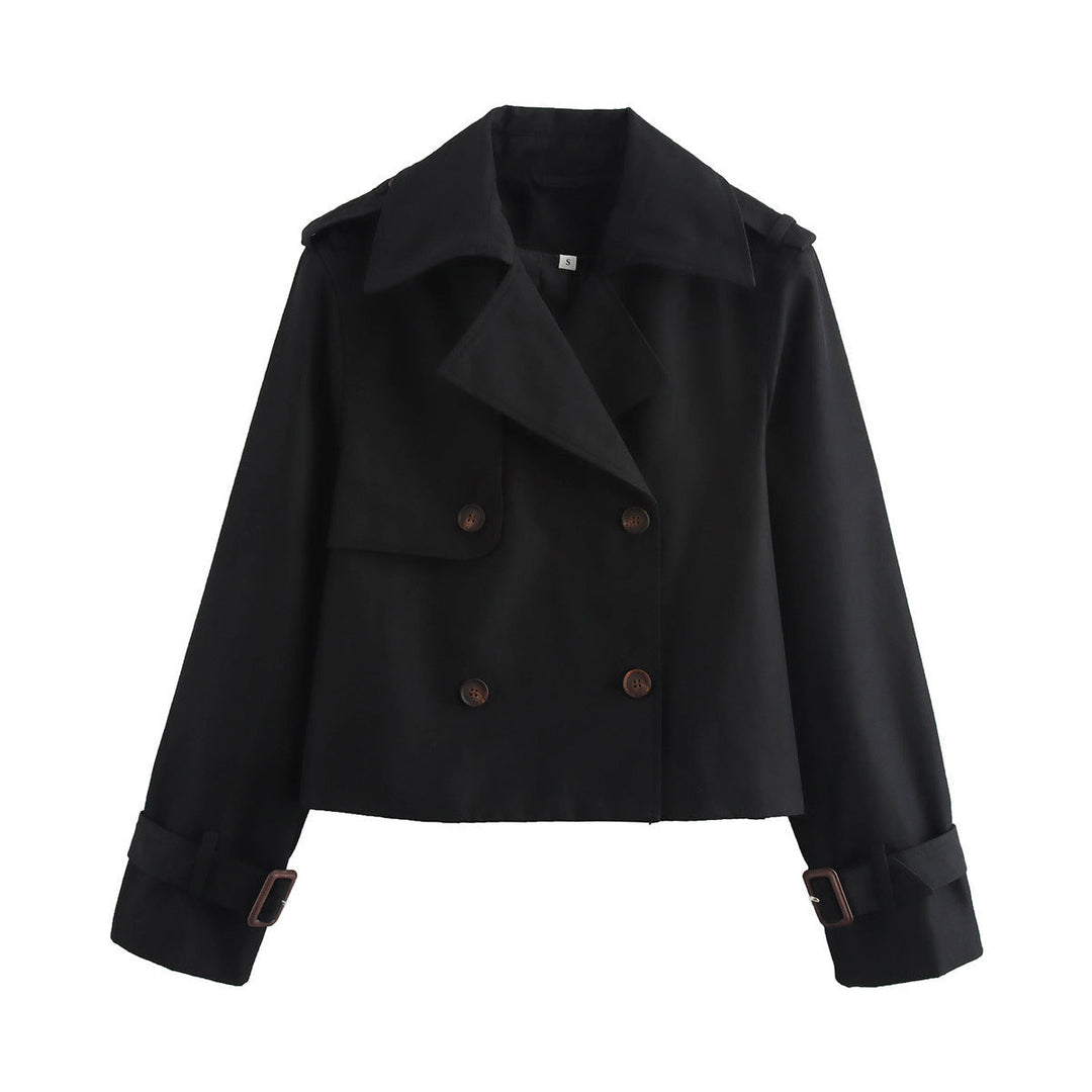 Dam kort skärning double-breasted trenchcoat med axel straps och adjustable cuffs