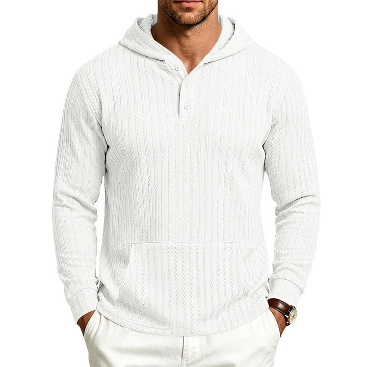 Herr med Huva Henley Pullover med Cable Stickad Structure, Känguruficka och Ribbstickade Muddar