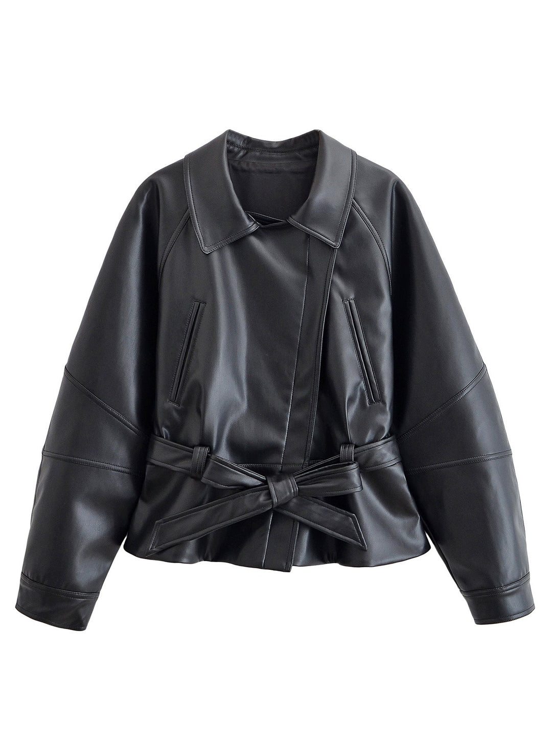 Dam 50+ Kort Tailored Faux Läder Blouse med Tie Belt och Dropped Shoulders