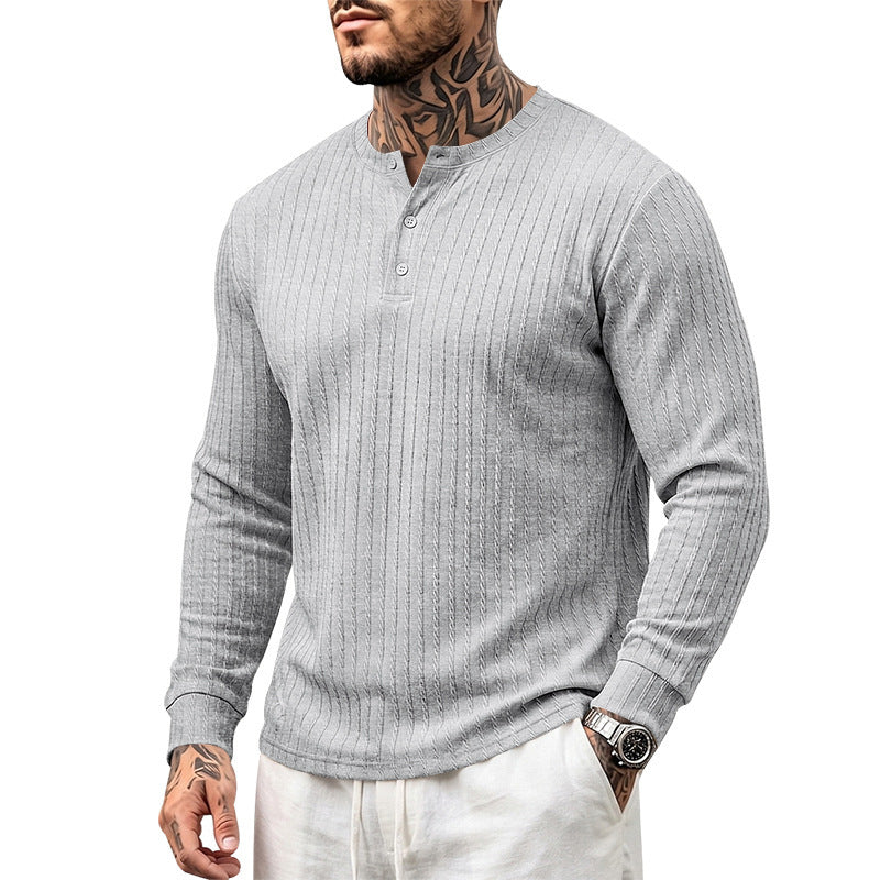 Herr Fin Stickad Henley med Ståkrage och Cable Mönster