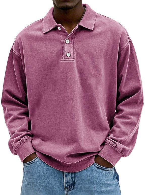 Herr Oversized Denim Look Polo College-Tröja med Kort Knapplist och Elastiska Muddar EB