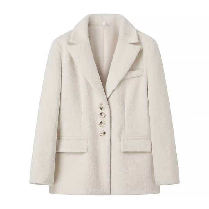 Dam figursydd kort kappa-blazer i teddy look med lapel krage och påsydda fickor