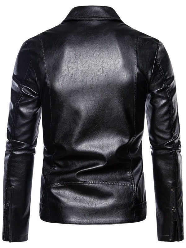 Herr Slim-Fit Biker Jacka i Läder Look med Asymmetrical Dragkedja och Notched Krage