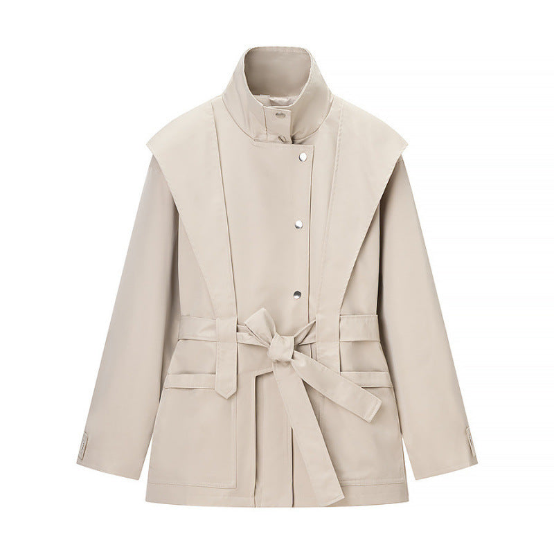 Dam 10+ Fitted Kort Jacka med Shoulder Cape, Stå Krage och Tie Belt