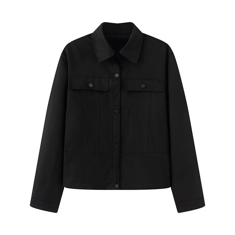 Dam Kort Skärning Boxig Overshirt Jacka i Vegan Läder Look med Lockfickor och Tryckknapp Knapp Stängning