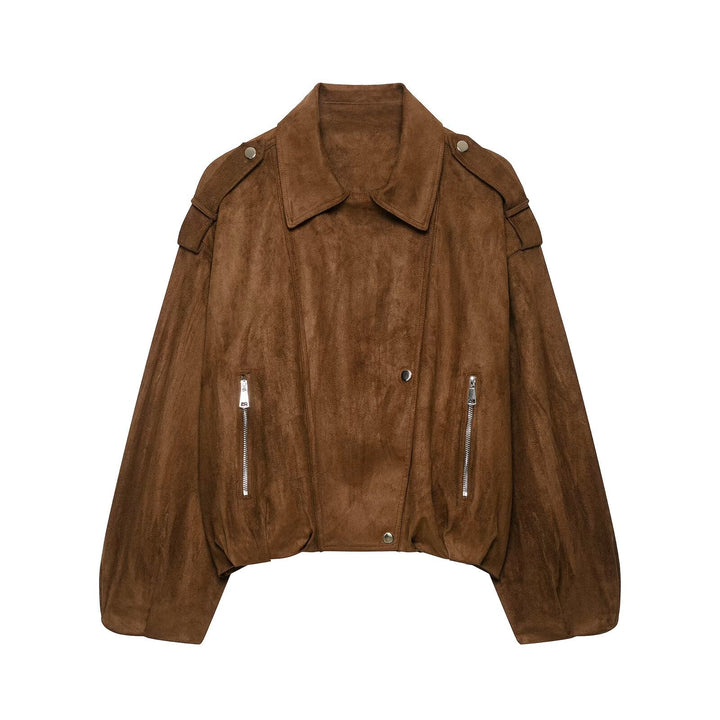 Dam Kort Skärning Suede Bikerjacka med Shoulder Flaps