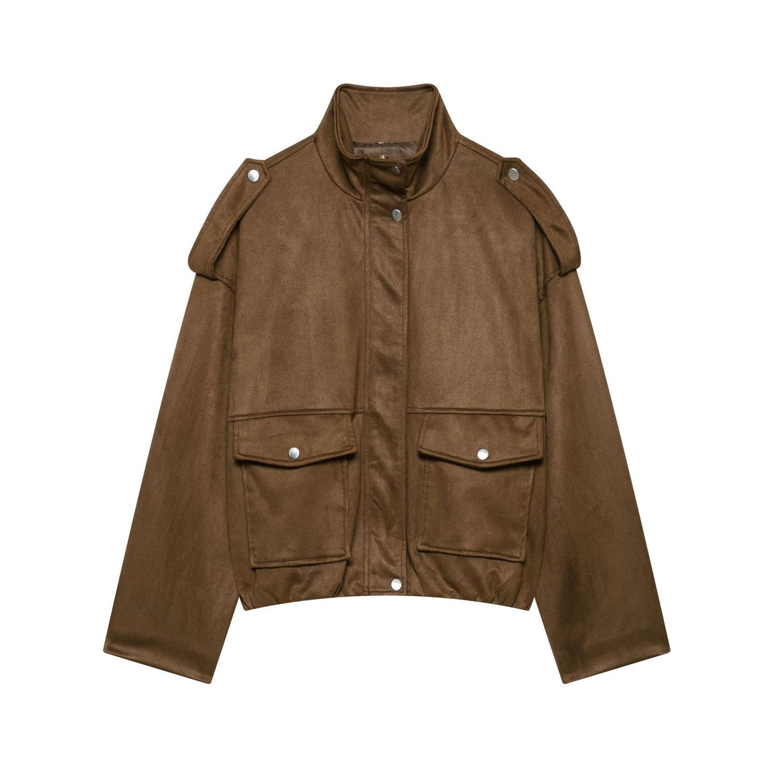Dam Kort Suede Look Fältjacka med Stå Krage, Lock Fickor och Epaulettes