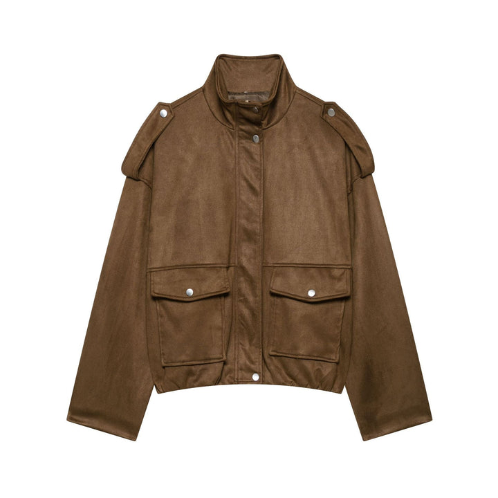 Dam Kort Suede Look Fältjacka med Stå Krage, Lock Fickor och Epaulettes