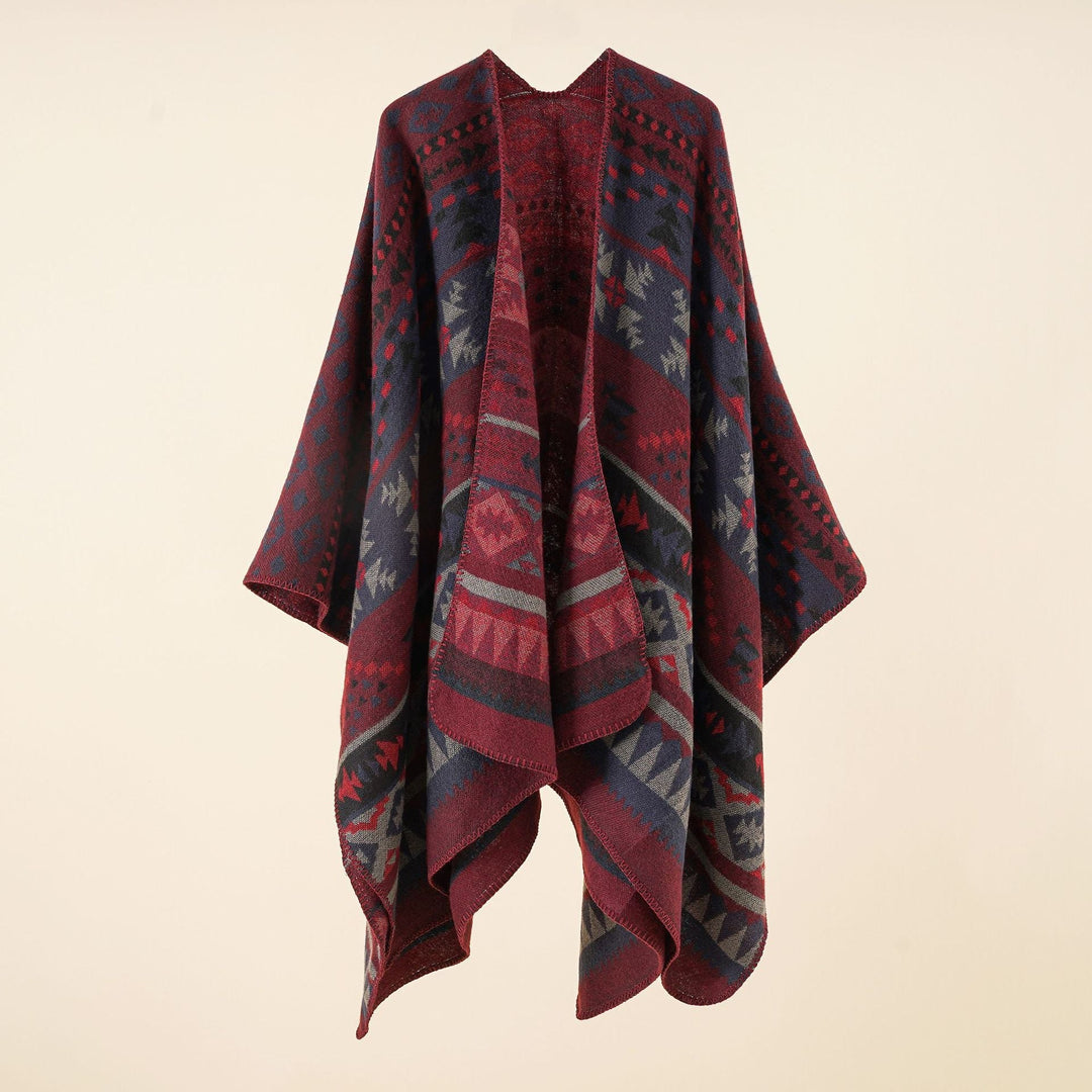 Dam coarse woven ethnic poncho med fringes