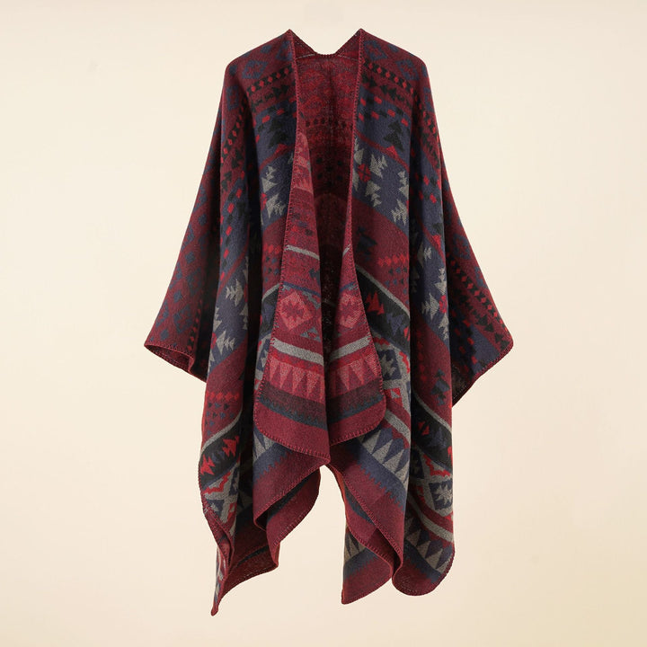 Dam coarse woven ethnic poncho med fringes