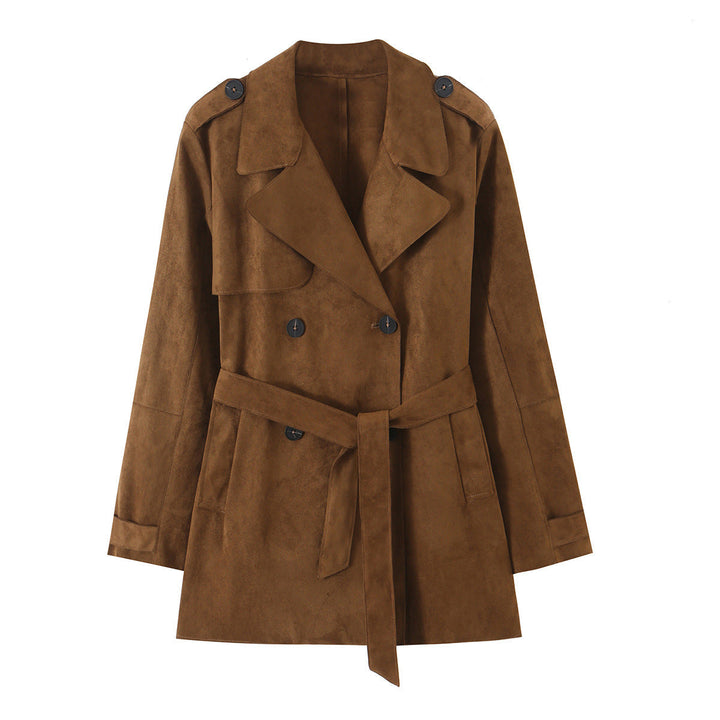 Dam Kort Trenchcoat Tillverkad av Syntetisk Suede med A Waist Belt och Double-Knapp Knäppning