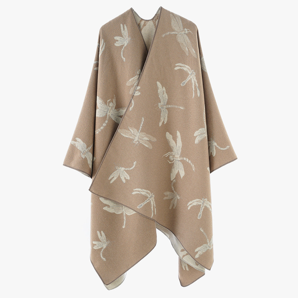 Dam Reversible Jacquard poncho med Dragonfly mönster
