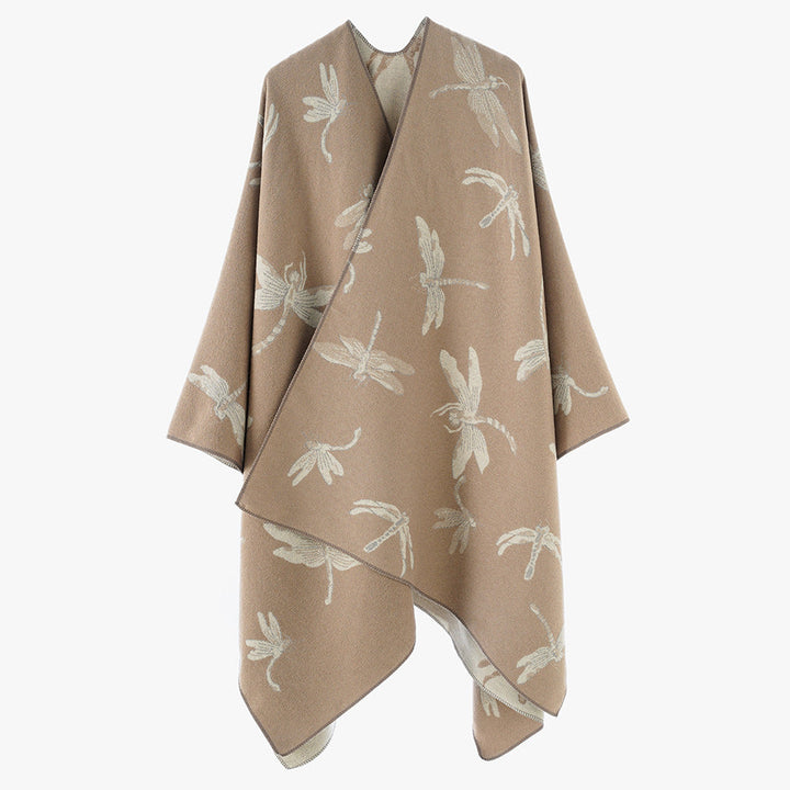 Dam Reversible Jacquard poncho med Dragonfly mönster