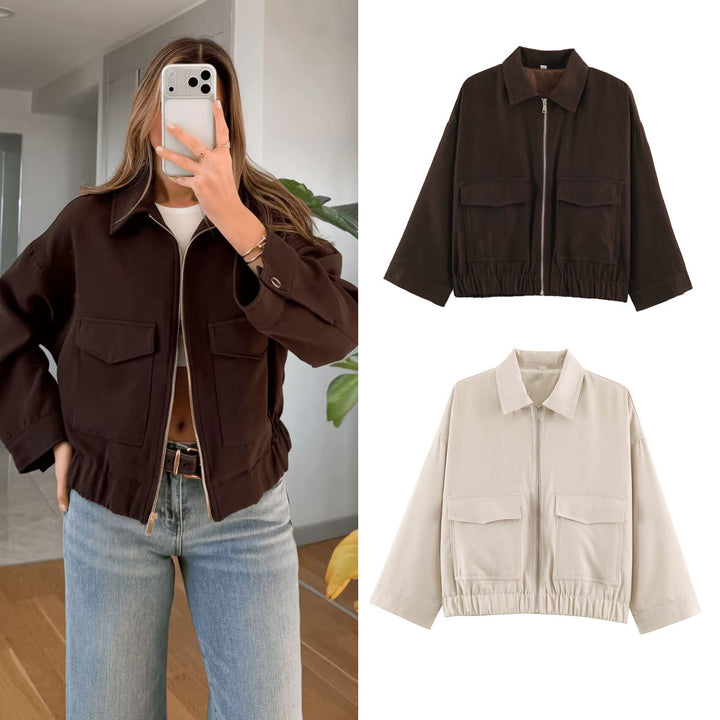 Dam Boxig Kort Blouson med Patch Fickor och Elastic Nederkant