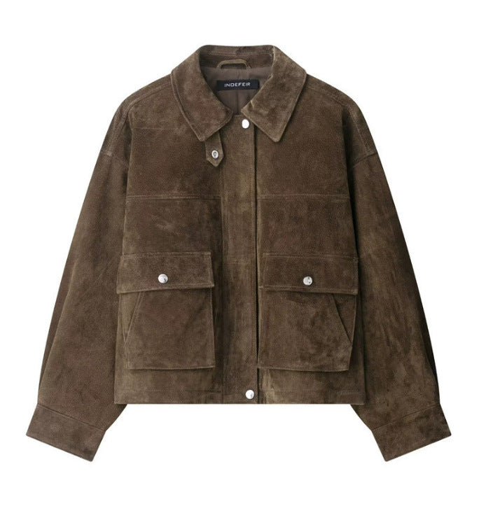 Dam 100+ Kort Velour Läder Blouson Jacka med Lock Fickor och Tryckknapp Knapp Stängning