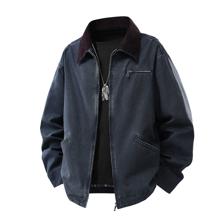 Herr Gewaschene Baumwoll-Workerjacke med Cordkragen och Dragkedja