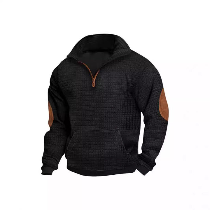 Herr Strukturerad Leisure Pullover med Kort Dragkedja, Känguruficka och Elbow Läder Kant