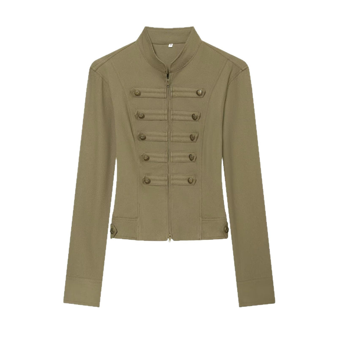 Dam skräddad Military-Inspired kort jacka med Standing krage och dekorativ knappslås