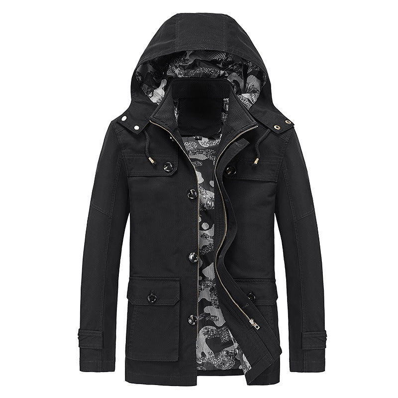 Herr Canvas med Huva Parka med Kamouflage Foder, Utility Fickor, och Hidden Dragkedja Slå