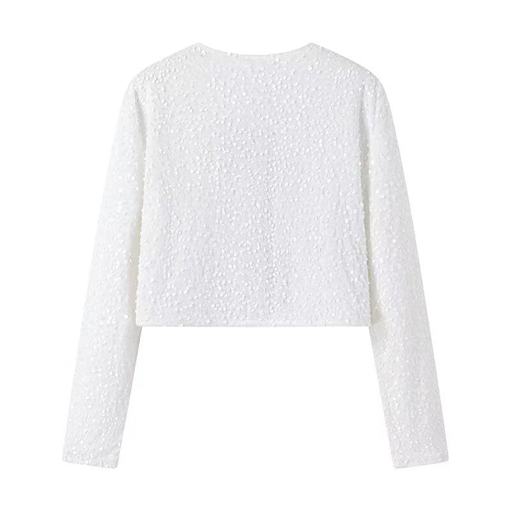 Dam kort Sequin jacka med dekorativ Bows, Round Neckline och lång ärmar