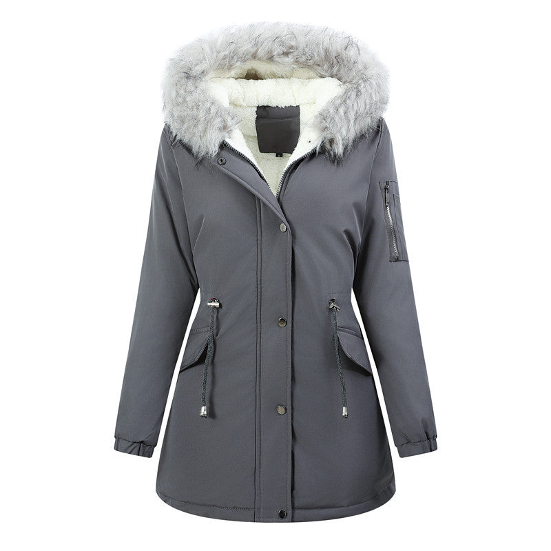 Dam Vinter Parka med Avtagbar Faux Fur Huva och Belted Drawstring