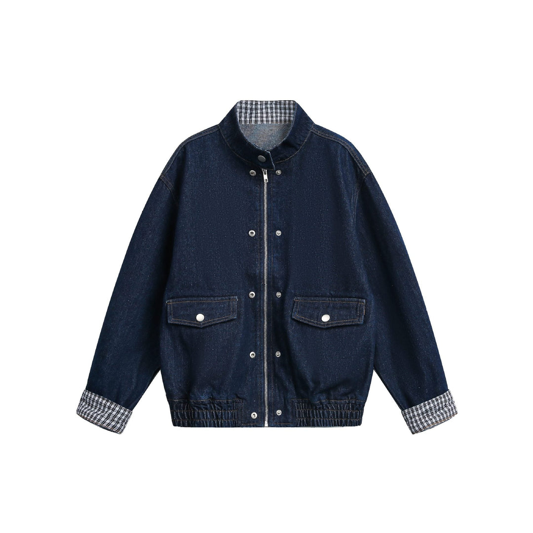 Dam Oversized Denim Jacka med Ståkrage och Check Foder