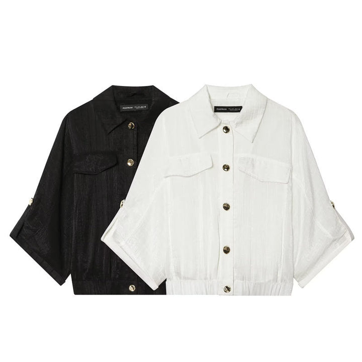 Dam Boxig Overshirt Jacka Midja Kort med 3/4 Ärmar och Guld Knappar