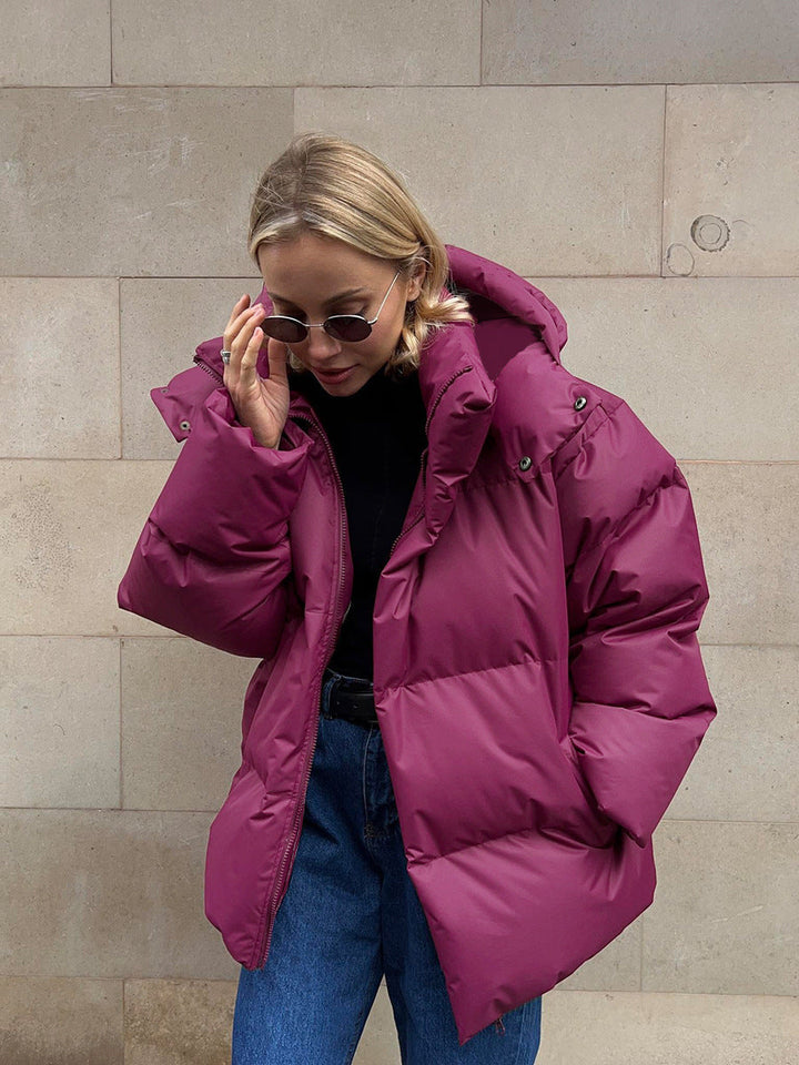 Dam oversize kviltad jacka med huva och vadderad värmande fyllning