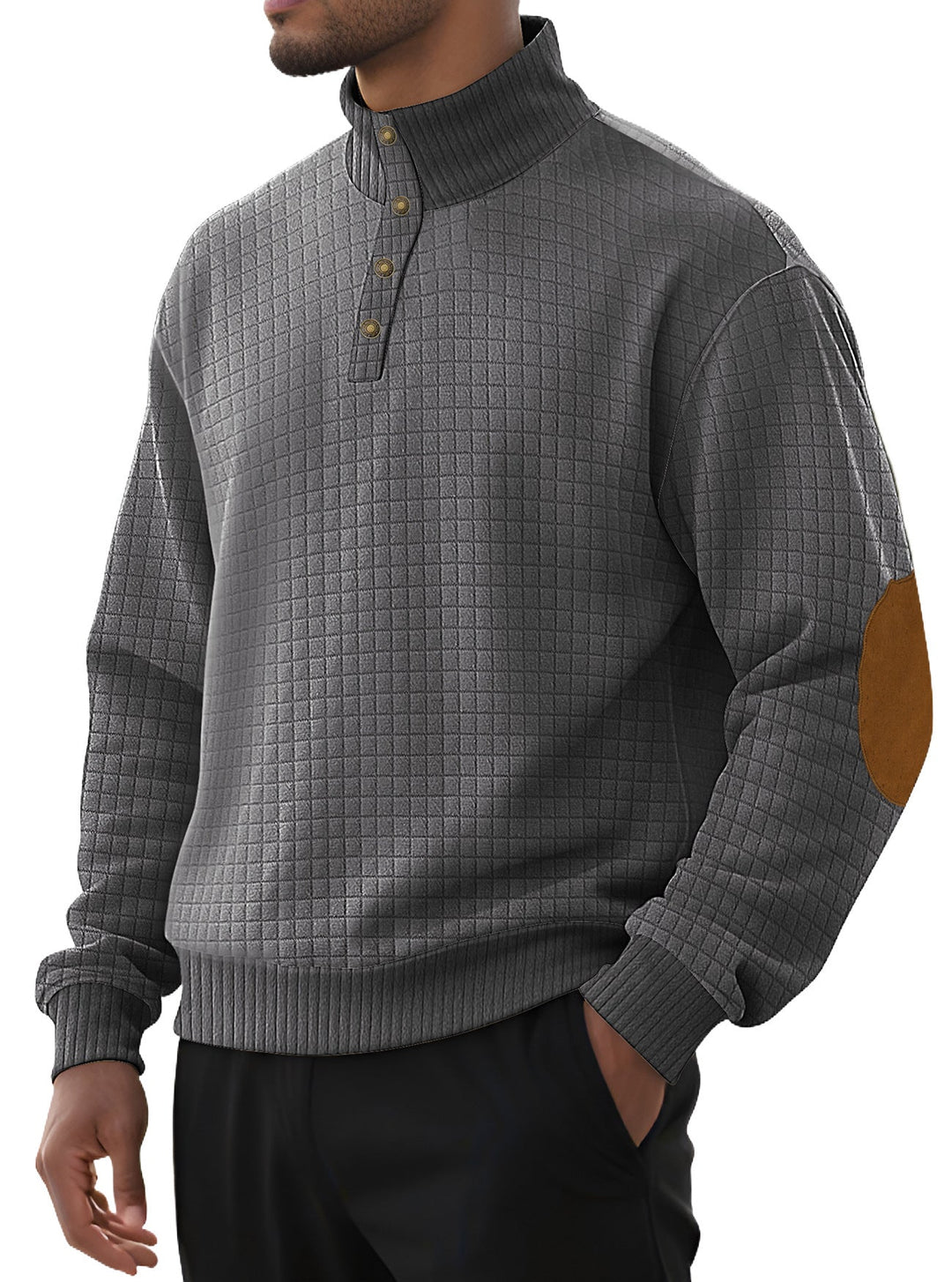 Herr Plaid Quiltad College-Tröja med Henley Slå, Hög Ståkrage, och Velour Elbow Lappar