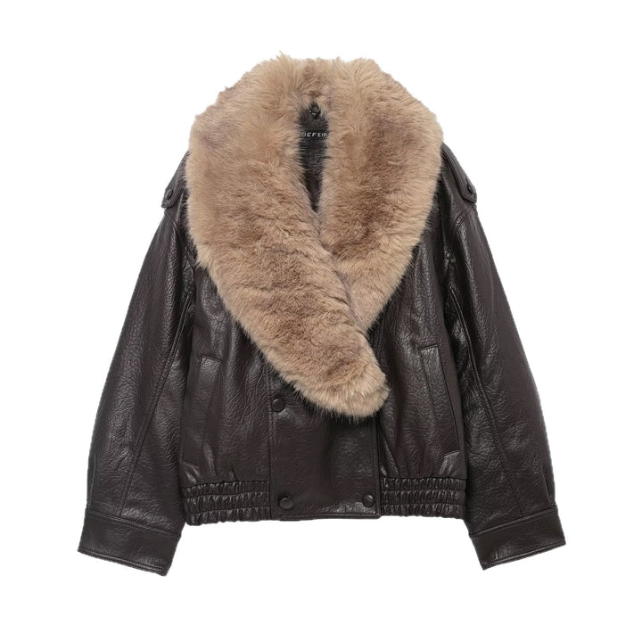 Dam Kort Läder Blouson Jacka med XXL Fur Krage