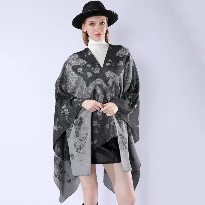 Dam oversized wrap poncho i kimono stil med fine jacquard tyg