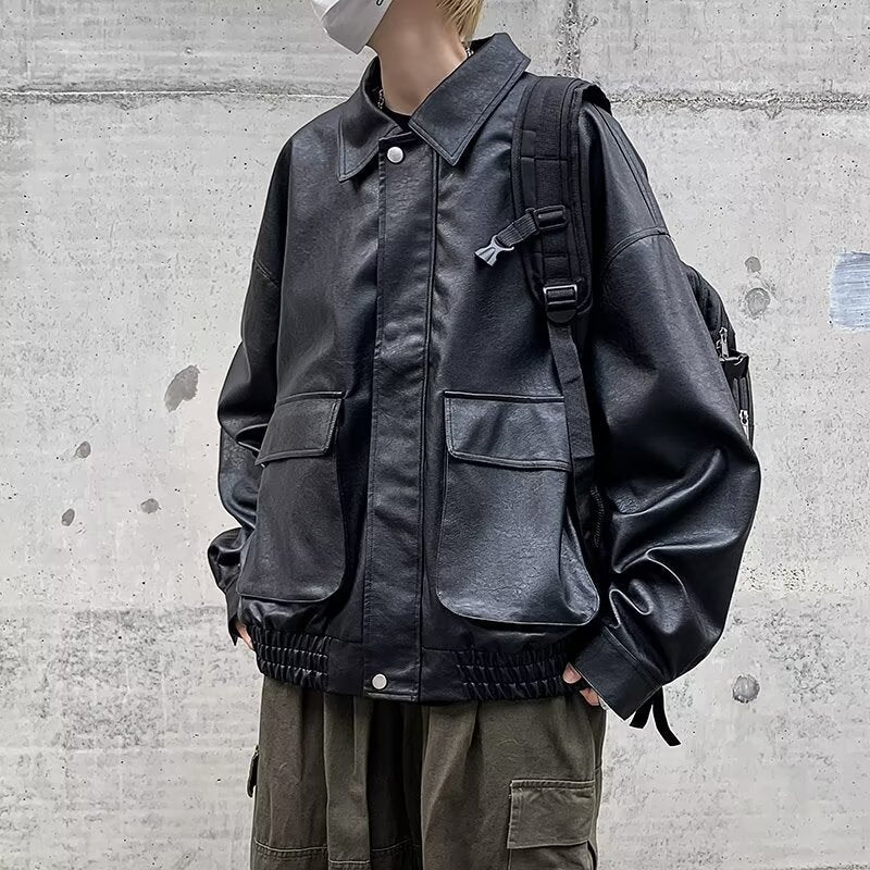 Herr Boxy Överskjorta i Läder Look med Skjorta Krage och Patch Breast Fickor