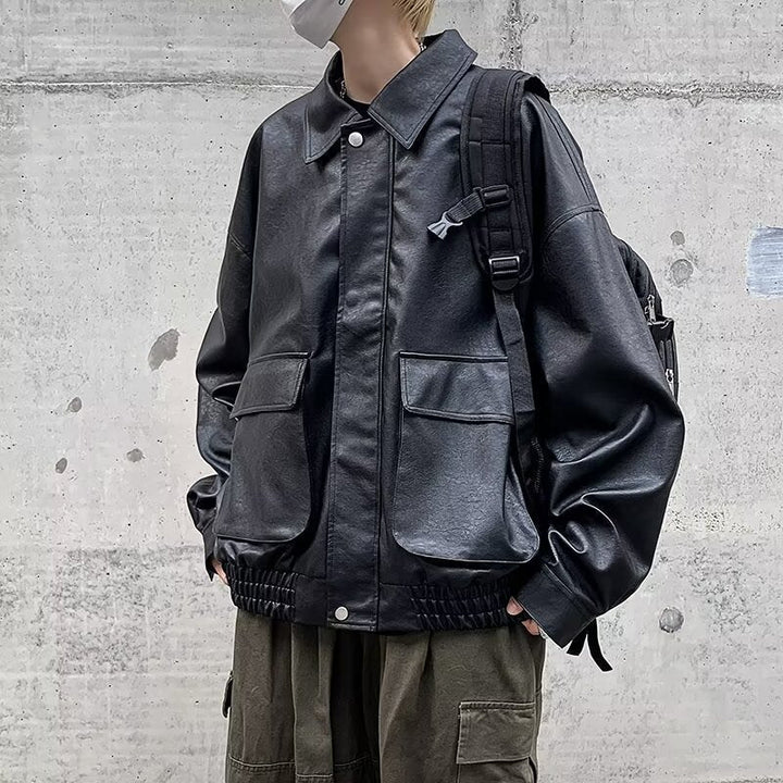 Herr Boxy Överskjorta i Läder Look med Skjorta Krage och Patch Breast Fickor