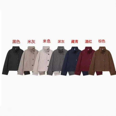 Dam 9800+ Kort Boxig Ull Blend Jacka med Hög Funnel Krage, Asymmetric Knapp Knäppning, och Justerbar Muddar