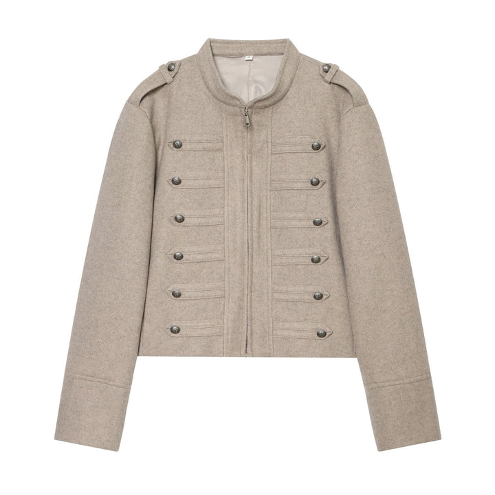 Dam military-inspired ulljacka med ståkrage dragkedja och decorative knäppning
