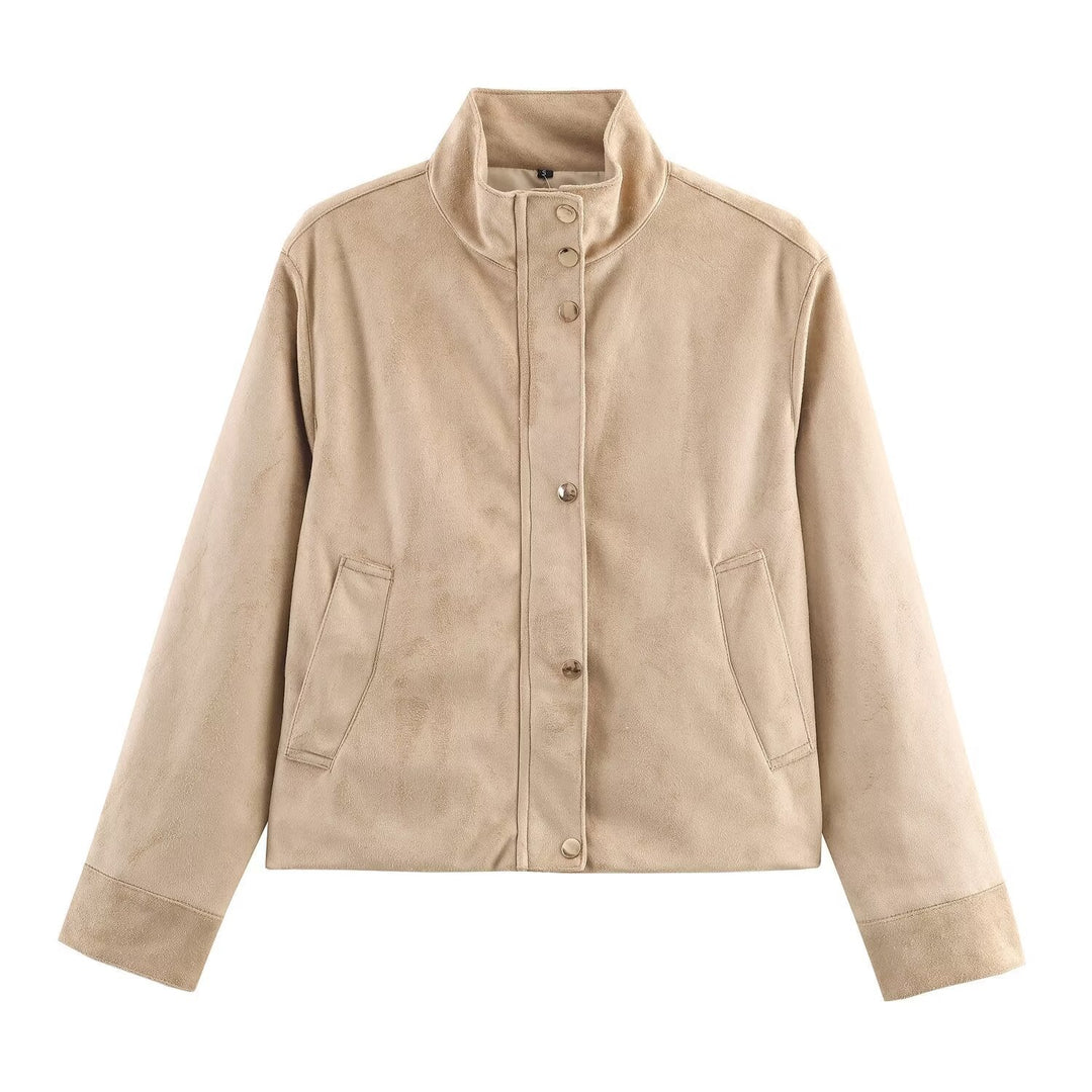 Dam Kort Suede Look Jacka med Stå Krage och Tryckknapp Knapp Knäppning