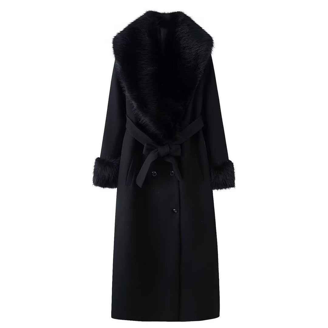 Dam elegant ull kappa med stor Faux Fur krage och knytband