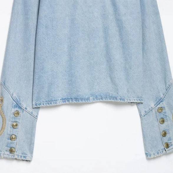 Dam Kort Denimjacka i Military Stil med Dekorativ Cord Application
