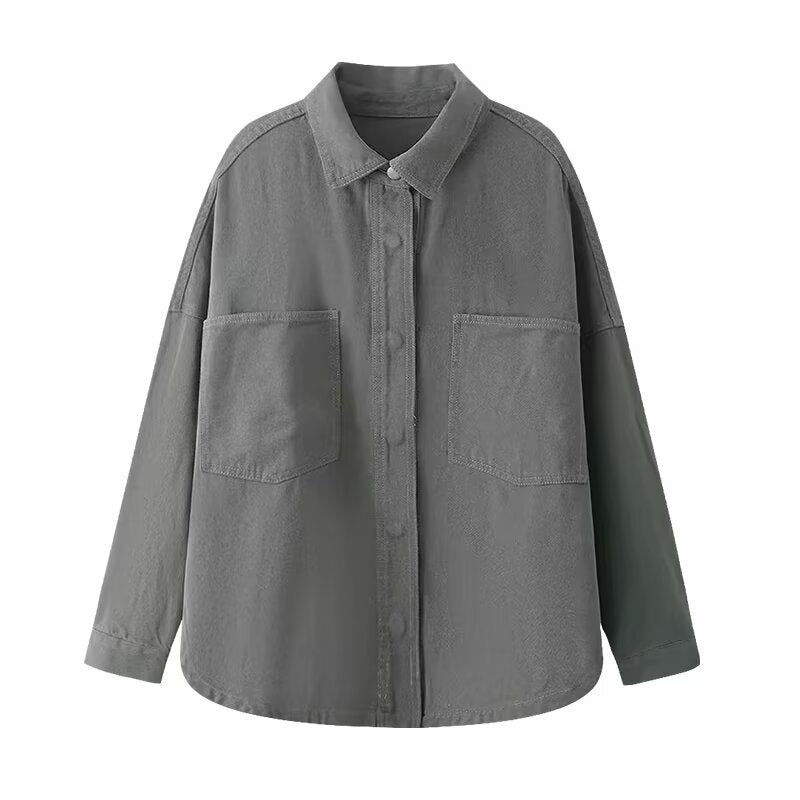 Dam Oversized Jeans Skjorta Jacka i Boxig Skärning med Lapp Bröst Fickor och Rounded Fåll