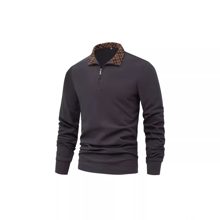 Herr Lång Ärm Halv Dragkedja Pullover med Turtleneck och Rutig Inner Krage