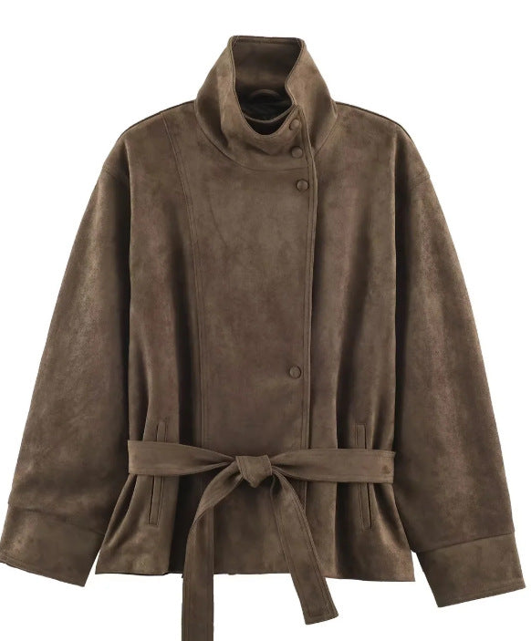 Dam Suede Look Jacka med Hög Stå Krage och Waist Belt