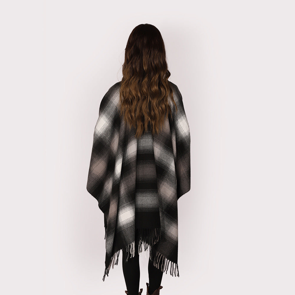 Dam Oversize ullblandning poncho Cape med Ombre Check mönster och fransfåll