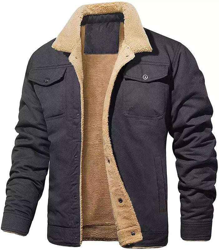 Herr Vadderad Sherpa Canvas Jacka med Knapp Slå och Bröstfickor