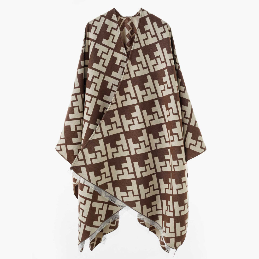 Dam Oversize Cape med Geometric Jacquard och fransfåll
