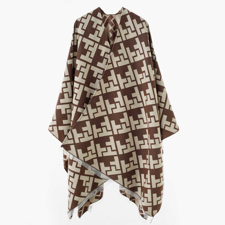 Dam Oversize Cape med Geometric Jacquard och fransfåll