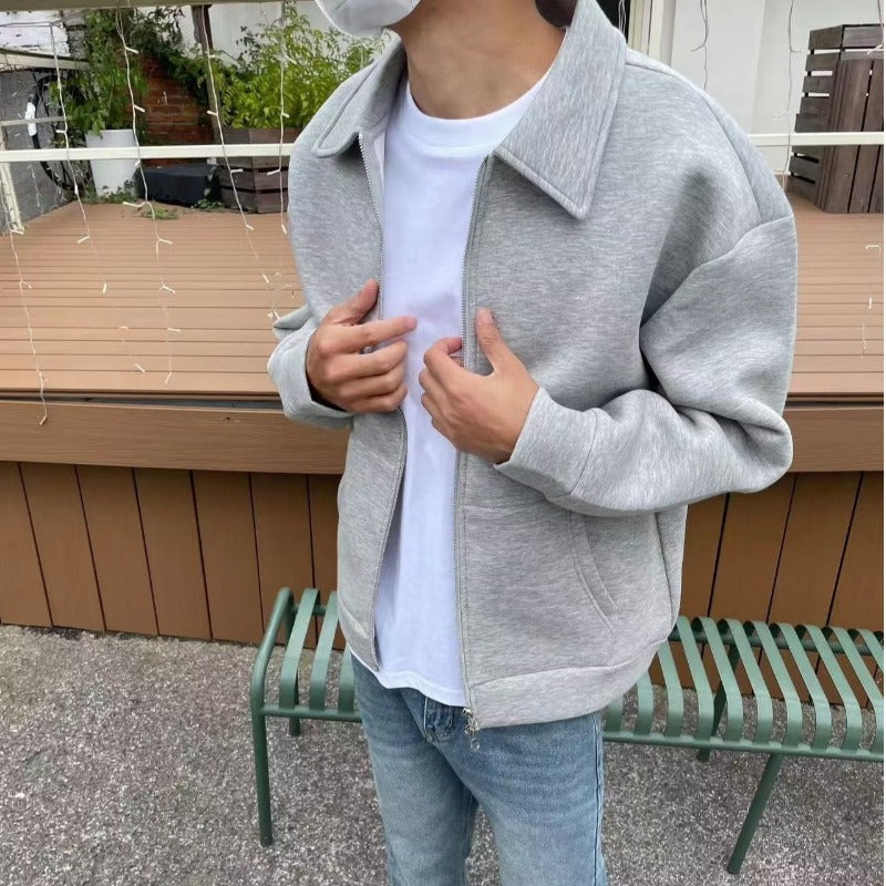 Herr Dragkedja Sweat Jacka med Skjortkrage och Oversized Skärning