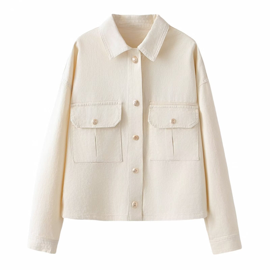 Dam Oversized Utility Jacka Gjord av Twill med Appliquéd Bröst Fickor