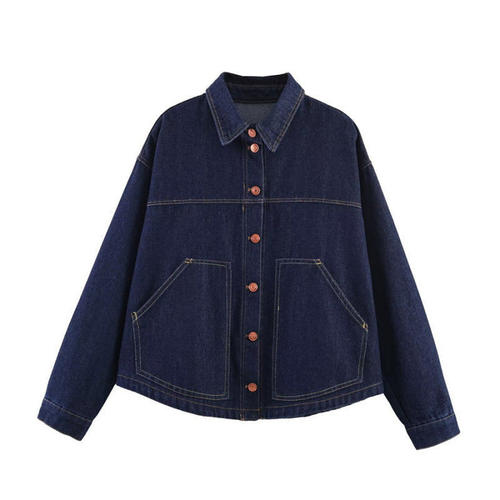 Dam Oversized Denim Jacka med Boxig Kort Skärning, Utanpåfickor och Contrast Stitching