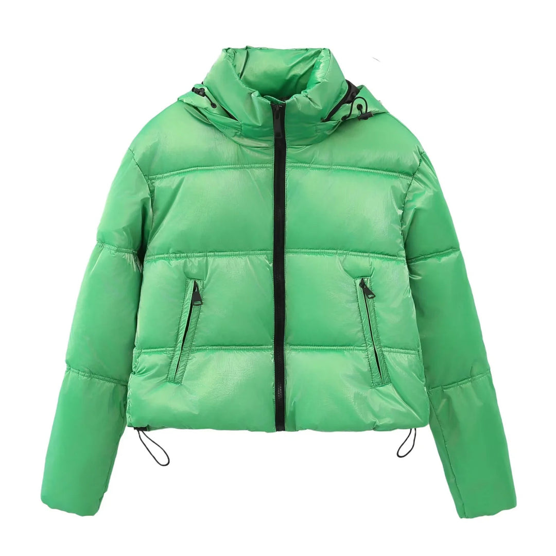 Dam cropped quiltad down-look jacka med huva och drawstring fåll